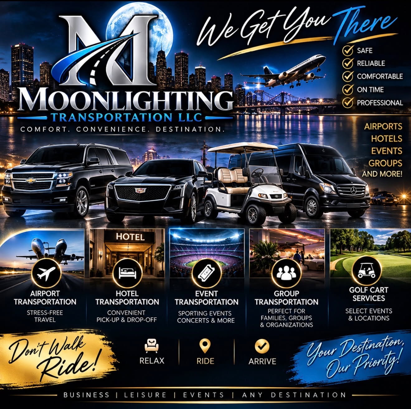 Moonlighting Transportation advertisement showing its fleet and transportation services