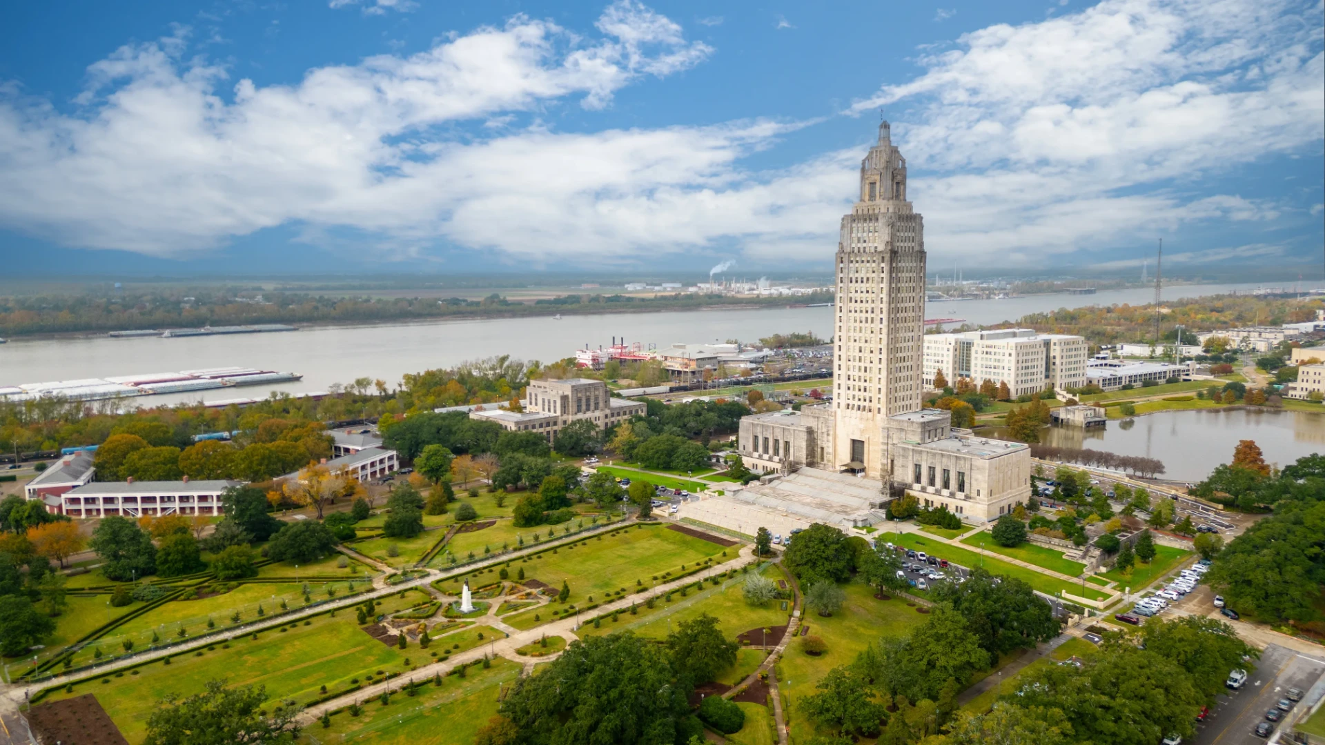 Aerial view of the Louisiana State Capitol and Mississippi River in Baton Rouge