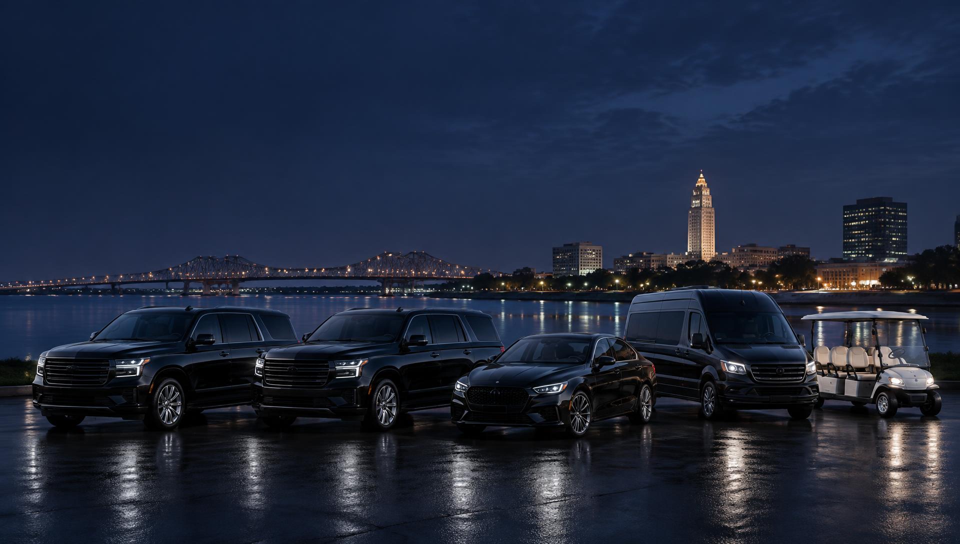 A lineup of black SUVs, an executive sedan, a passenger van, and a golf cart in Baton Rouge